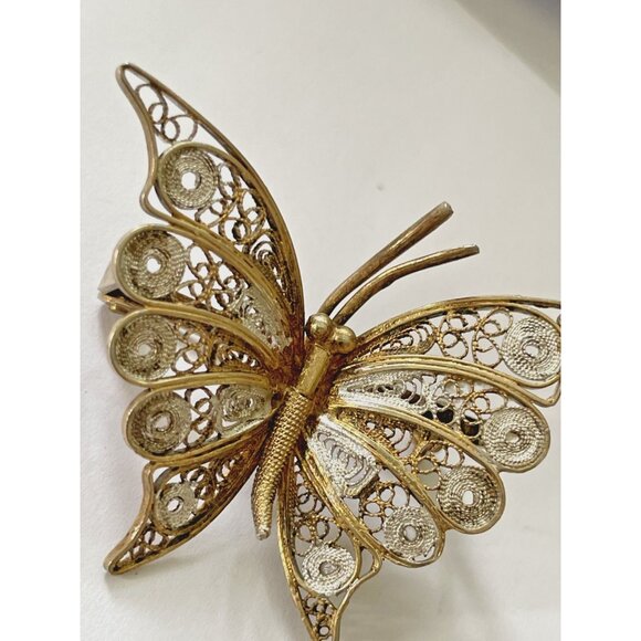 Two Tone Butterfly Brooch 800 Silver Cannetille Spun Silver Gold Silver Color - Picture 6 of 7